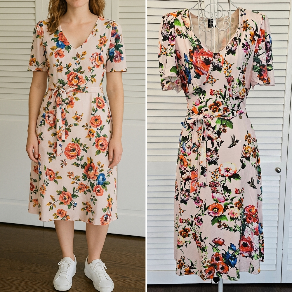 Lafty Lie Made In Italy Floral Hummingbird V-Neck Fit & Flare Midi Dress Size 10